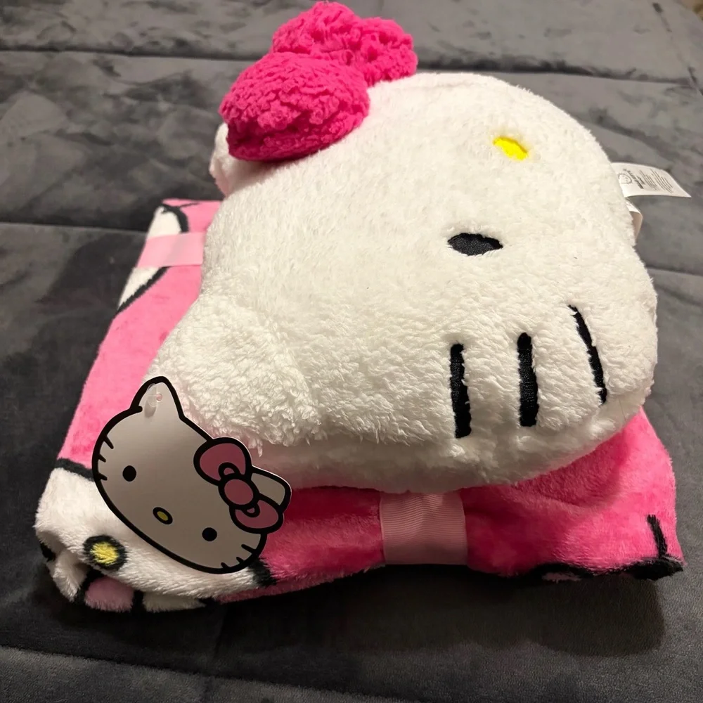 New Hello Kitty Plush Pillow and Blanket Set - White & Pink - Sanrio